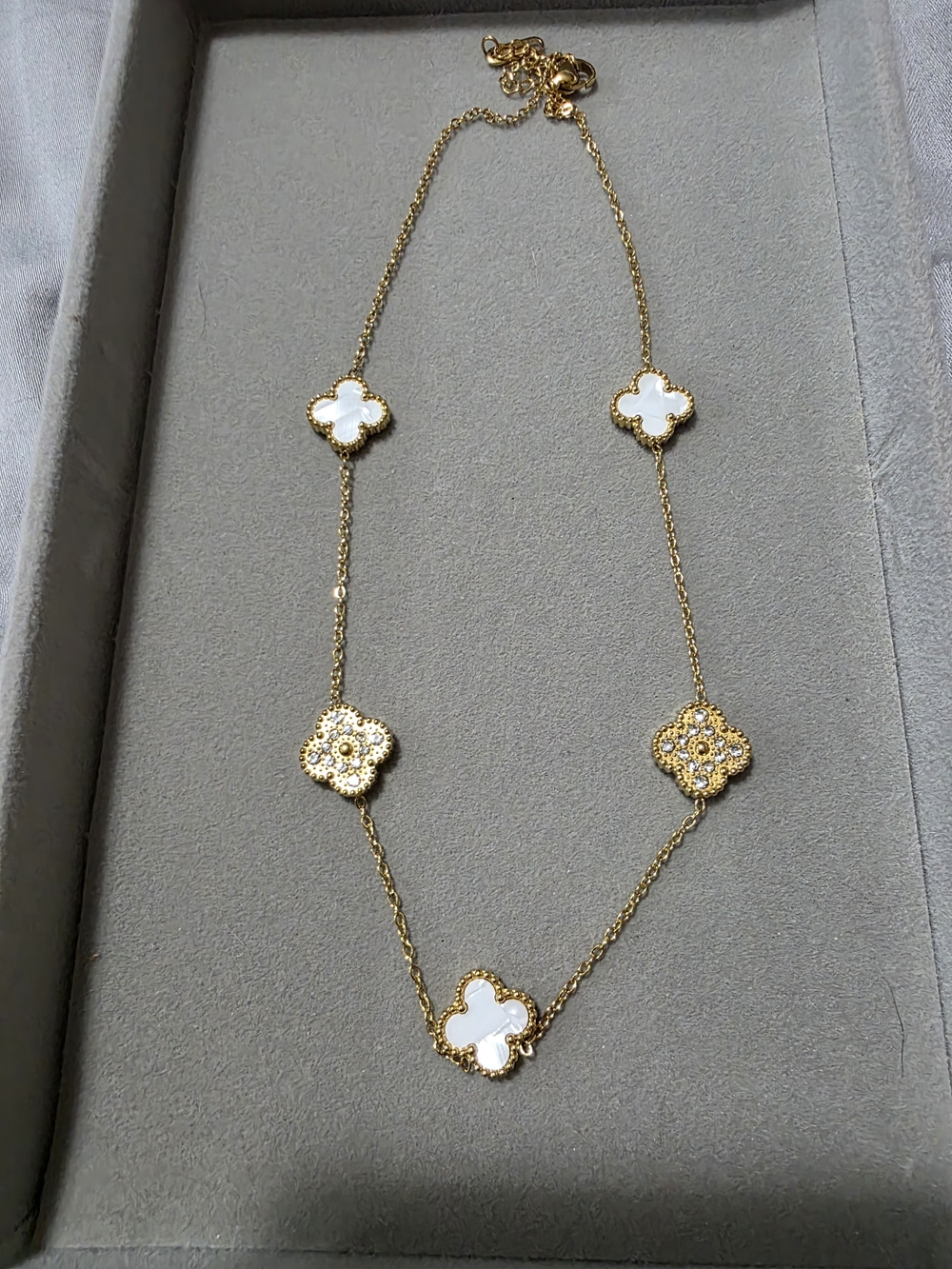 Gold and White Clover Station Necklace - Women Jewelry